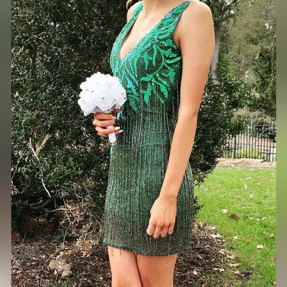 Primavera Couture 4031 Tassels Sheath Sage Green Cocktail Homecoming  Dress- 0